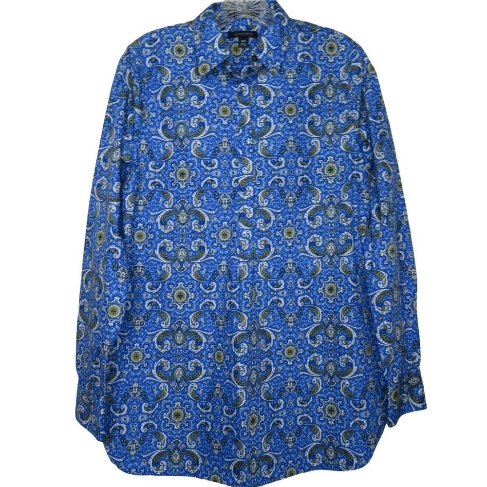 Vintage Lands End Womens 10T Blue Paisley Button-Up No Iron Supima Cotton Shirt